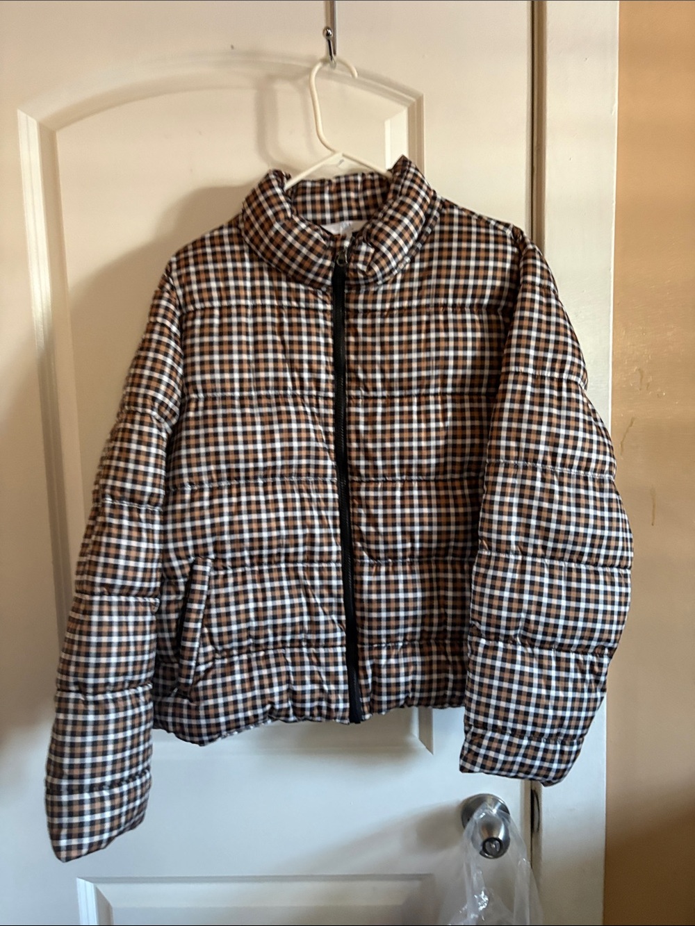 Plaid Puffer Jacket - Brown/White Check